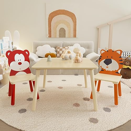Image of Wood Table & Chairs 3 Pieces Set, Boys Girls Activity Table w / 2 Animal Shaped Chairs, Solid Wood Legs, Safe Rounded Corners, Playroom Furniture for Boys & Girls Activity Dining Drawing Craft.