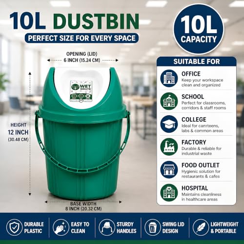 Image of PulGos Pack of 2,10Ltr Plastic Swing Lid Dustbin for Wet and Dry Garbage