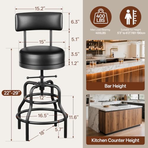 Image of Raynesys 22-29 Inch Adjustable Height Industrial Swivel Bar Stool with Back