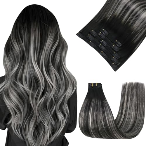 Image of Easyouth Clip in Hair Extensions Real Human Hair Ombre Clip in Extension Blend of Black and Silver with Black Roots Clips on Human Hair Extension Easy to Wear 20 Inch 5Pcs 80G