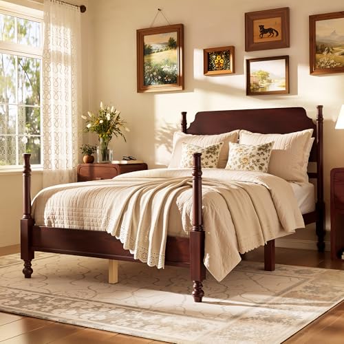 Polibi Full Size Spindle Bed Frame with Headboard, Traditional Wood Spindle Post Bed, Vintage Platform Bed No Box Spring Required, Solid Rubber Wood Slat Support, Easy Assembly, Dark Walnut