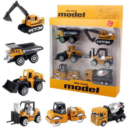 Voiture Jouet en Métal,Coffret 6 Véhicules de Construction Camion,Jouet de Construction Mini Véhicules de Chantier Voitures Miniatures,Petites Voitures Miniatures Cadeau pour Garçons 3 4 6 Ans