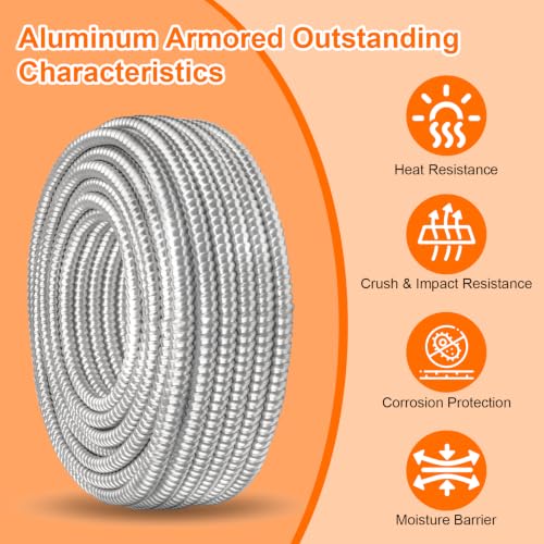 Image of 15FT 6 /3 Metal Clad (MC) Cable with Ground, 6 Gauge Electric Wire with Aluminum Armor, Solid Bare Copper Conductors for Indoor Outdoor Underground Embedded Installation (6 /3, 15 ft)