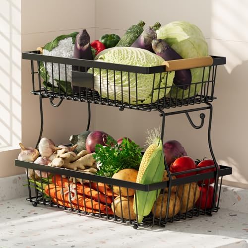 GILLAS 3 Tier Countertop Fruit Basket With 2 Banana Hangers For Kitchen, Detachable Metal Organizer For Bread Vegetable Fruits With Wooden Handle, Large Capacity Rectangular Storage Stand Bowls, Black