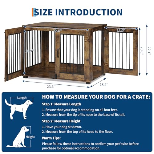 23.6" Dog Crate Furniture, Wooden Kennel with Locking Double Doors, Chew-Resistant Indoor Pet Cage End Table for Small Breeds, Brown - Image 3