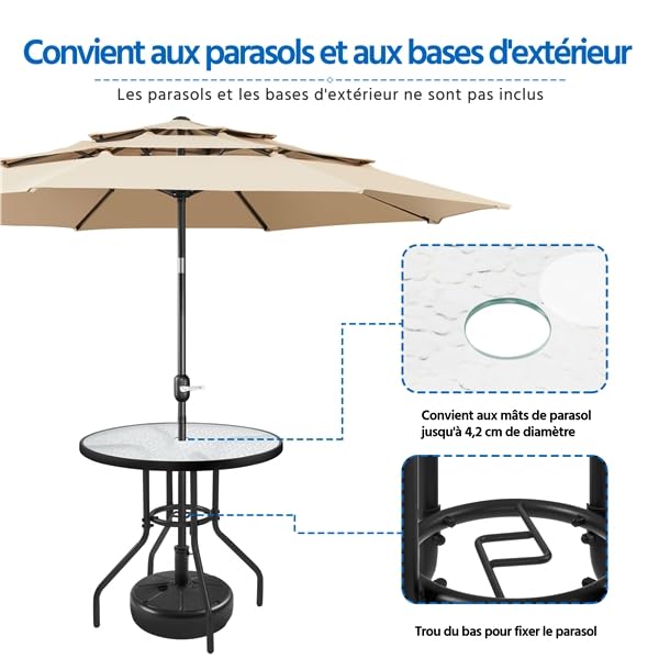 Yaheetech Ensemble de Bistrot Lot de 2 Chaises de Jardin Pliantes et Table de Jardin Ronde en Verre avec Trou pour Parasol et Plateau en Verre Salon de Jardin