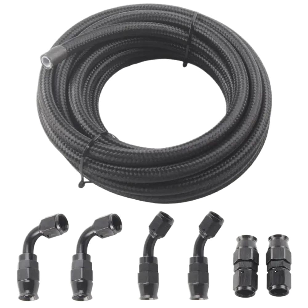 PTFE Fuel Line Fitting Kit with 6 Pcs Swivel Hose Ends An6 An8 An10 3m 10ft E85 Tube Nylon Stainless Steel Braided Black(6AN-10FTBK)