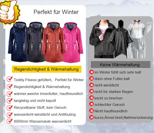 rhythm of the rain Regenjacke Damen mit Warm gefüttert Winterjacke Damen wasserdicht PU Regenmantel Friesennerz übergangsjacke mit Kapuze braun 44
