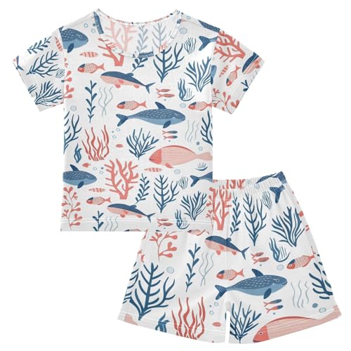ALAZA Fish Coral Reef Pajamas Set Short Sleeve Cotton Sleepwear Summer Pjs 2 Piece 5-14Y