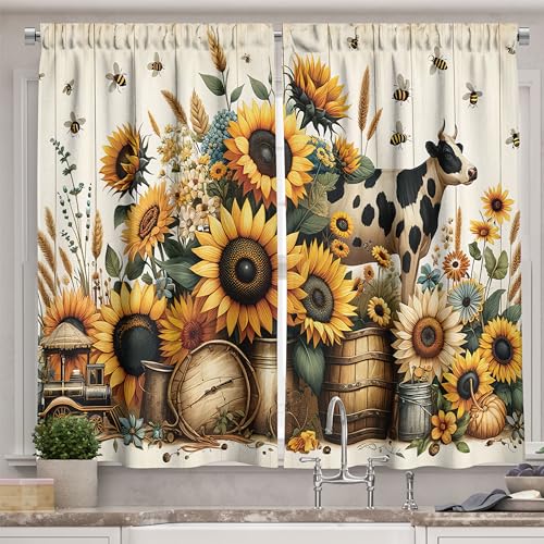 Ambesonne Farmhouse Kitchen Curtains, Rustic Themed Print of Cow and Sunflowers Blooming Cottagecore, Window Drapes 2 Panel Set for Kitchen Cafe Decor, 55