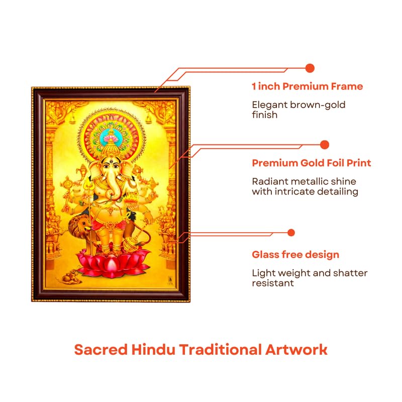 Image of Paramporul Gallery Ganesha Vinayagar Gold Foil Photo Frame for Pooja Room, Hindu God Wall Decor, Ready to Hang, 10x14 Inch