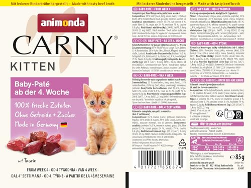 animonda Carny Katzen Nassfutter Kitten Baby-Paté (12 x 85g), Kitten getreidefreies Katzennassfutter ohne Zucker für wachsende Kätzchen bis 1 Jahr