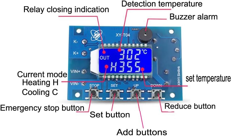 Senzooe XY-T04 temperature controller with labeled components