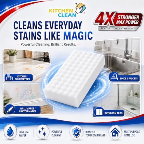 Image of Kitchen Clean Magic Eraser Sponge Pack of 2 | 4X Strong Stain Cleaning Remover for Walls, Kitchen, Bathroom Tiles, Glass & Shoes | Just Add Water