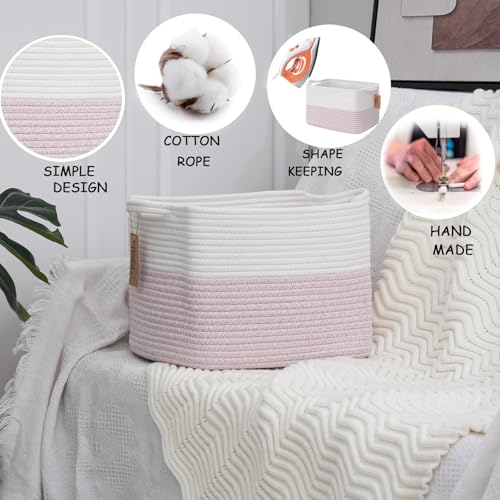 Image of COMFY-HOMI 3PACK Cotton Rope Square baske with Handles for Shelves|Dog Toy baske Bin and Storage|Baby baske for Gift|Shoe baske for Organizing|13.5 inch x 11 inch x 9.5 inch for Living Room(White /Pink)