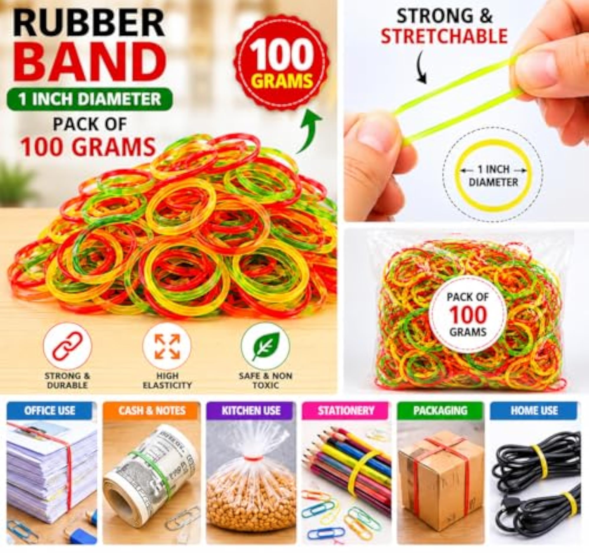 Pack of 100 Strong & Stretchable Rubber Bands
