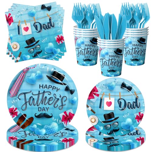 Fathers Day Decorations, Happy Father's Day Party Plates and Napkins Disposable Dinnerware Set for I Love Dad Theme Fathers Day Party Supplies Serves 24
