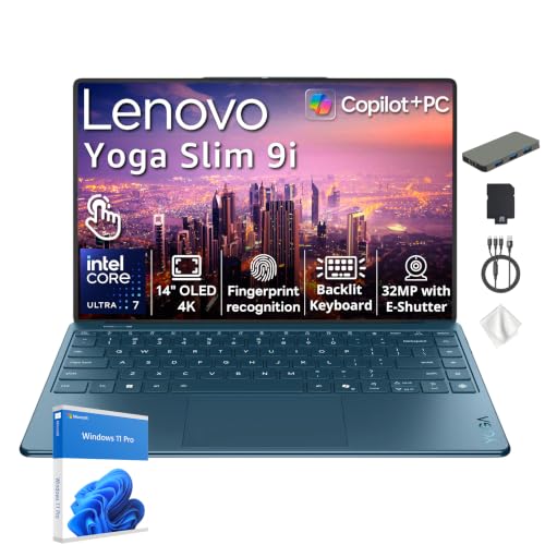 Image of Lenovo Yoga Slim 9i 14 inch 4K OLED Touch Laptop, Intel Ultra 7 258V, 32GB RAM, 2TB Storage(1TB SSD+1TB Docking Station), Intel Arc GPU, Copilot+PC, Fingerprint, Backlit Keyboard, Win 11 Pro, Tidal Teal