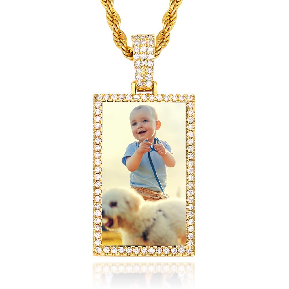 YIMERAIRE Picture Pendant Necklace Personalized Custom Photo Chain 5A Simulated Lab Diamond Square Picture Dog Tag Necklace with Free Chain Jewelry Gift for Christmas New Year