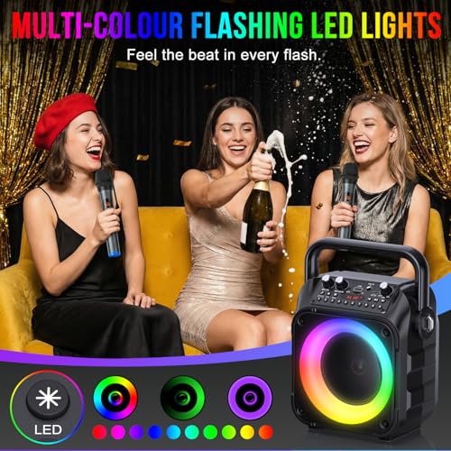 Karaoke Machine, Portable Bluetooth Speaker with 2 Wireless Mics for Adults & Kids with LED Lights, Bass/Treble Adjustment, PA System Supports USB/TF/FM/AUX/TWS for Party Home System Packages - Thumbnail 4