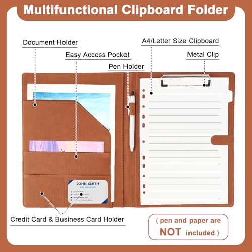 Klemmbrett A4 mit Deckel, PU-Leder Klemmbrettmappe Schreibmappe mit Schreibblock Dokumentenfächern Stifthalter Magnetverschluss Konferenzmappe für Bürobedarf Schule (Braun)