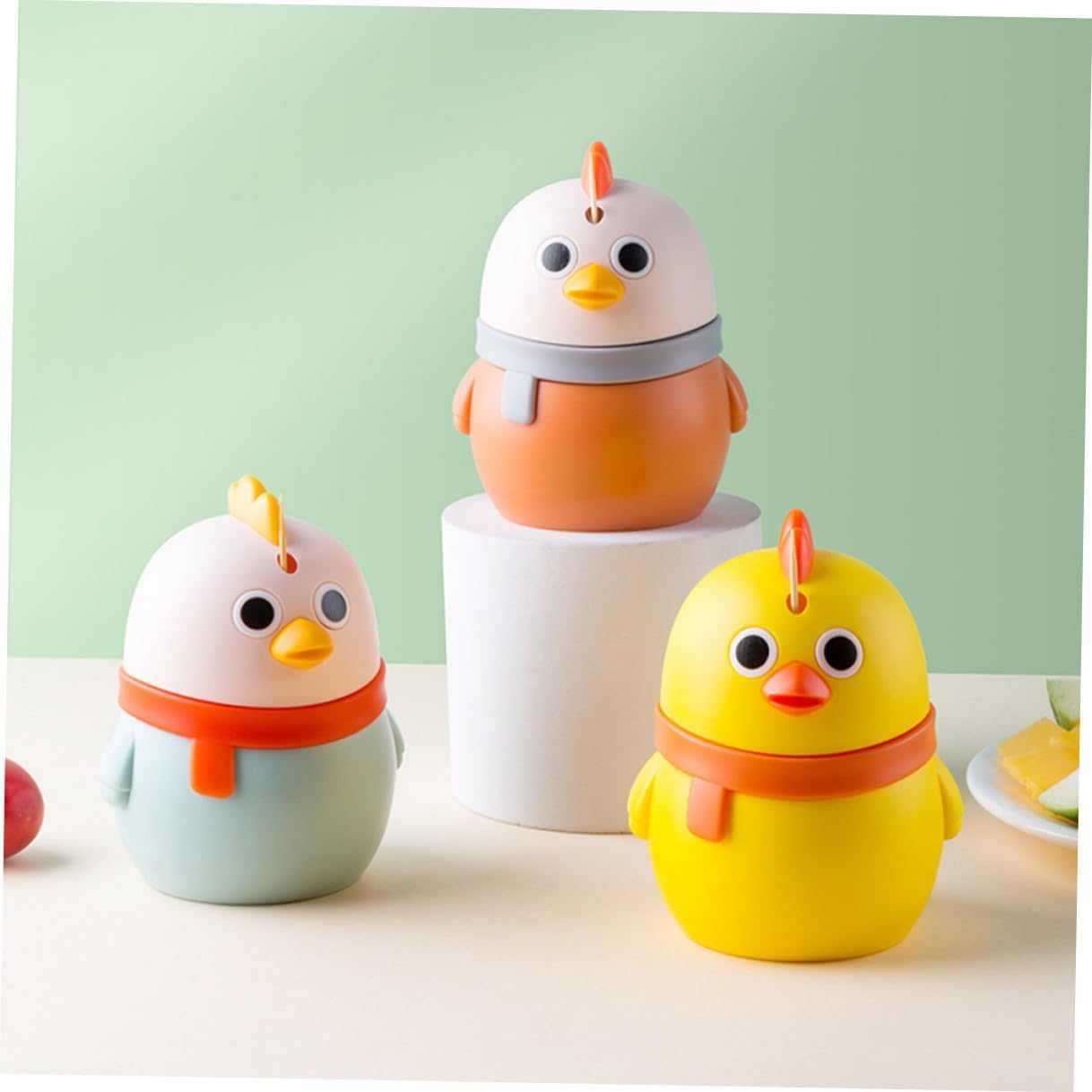 3pcs Cartoon Chicken Toothpick Holder Set, Press-top Plastic Toothpick Dispenser Boxes in Blue, Orange, Yellow for Kitchen and Dining Table Storage