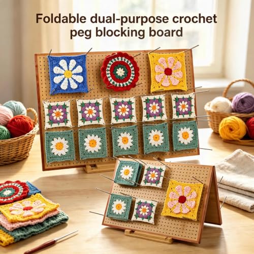 Image of 23 inch Crochet Blocking Board with 35 Pins /Pegs, Granny Square Blocking Boards for Crochet Projects, Wooden Crocheting Accessories Gifts for Crocheters