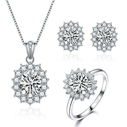 Cangall Schmuck Set Silber 925 Damen, 925 Sterling Silber Halskette Ohrringe Ring Set, Silber Prinzessin Diana Schmuckset mit Weiß Zirkonia, Silber Luxus Hochzeit Schmuck Set, Geschenk zum Geburtstag