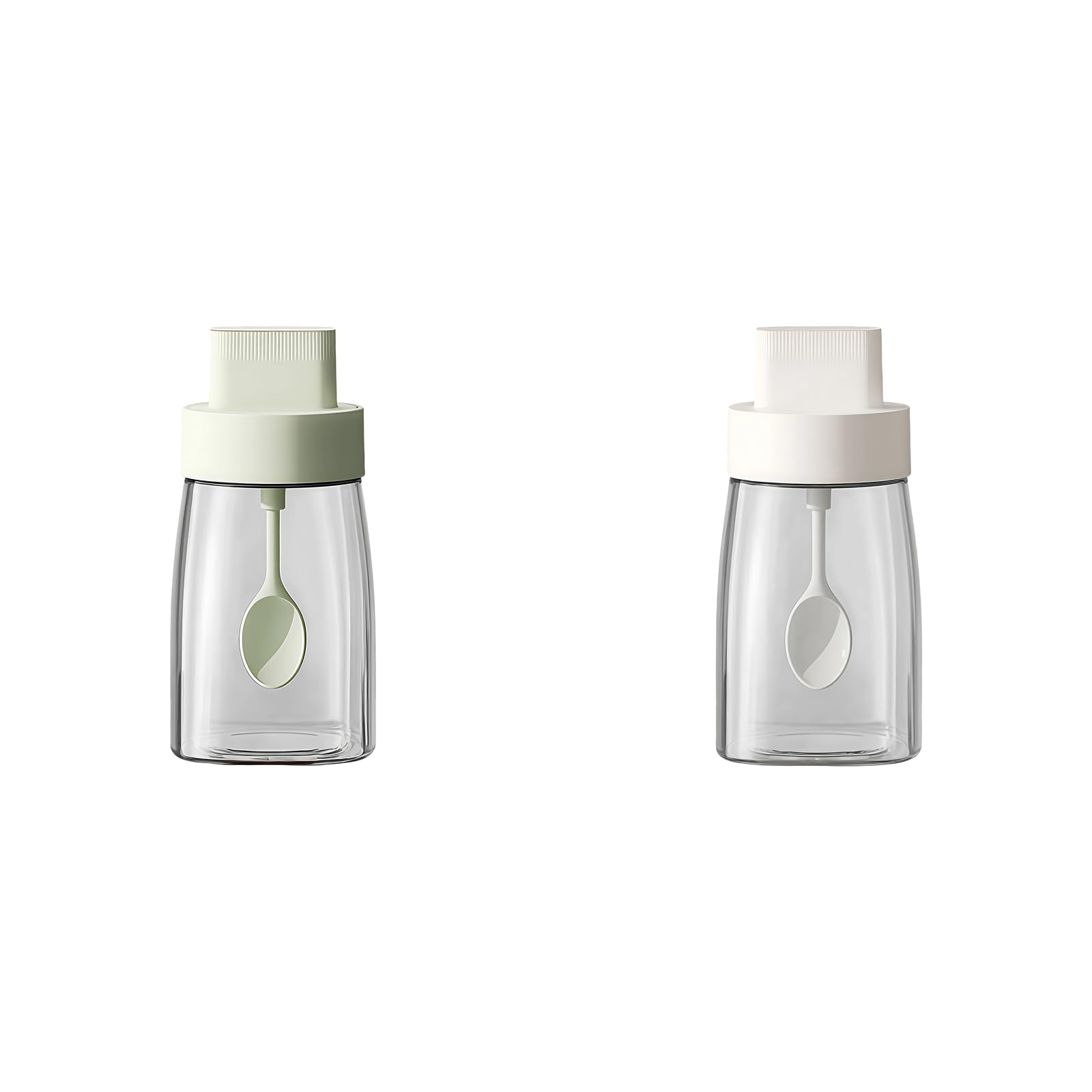 Lot de 2 bocaux à assaisonnement en verre, pots à sel de cuisine avec cuillère, couvercle hermétique, set de bouteilles à épices protégé de l'humidité, pour cuisine et rangement, blanc et vert