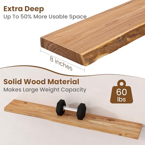 Image of Floating Shelves for Wall Decor, Rustic Solid Elm Wood Live Edge Floating Shelves Wall Mounted, Wall Shelves with Invisible Bracket for Living Room Bathroom Bedroom Kitchen, 48 Inch, Natural