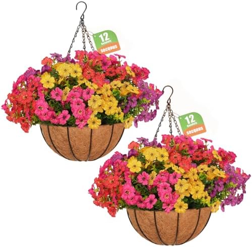 2 Set Artificial Hanging Flowers with Basket for Outdoor Spring S...