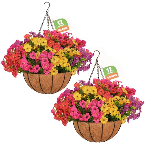 secqous 2 Set Artificial Hanging Flowers with Basket for Outdoor