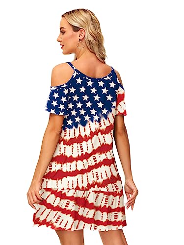 Image of Deerose Womens 4th of July Dresses Cold Shoulder American Flag Tie Dye A-Line Dress with Pockets