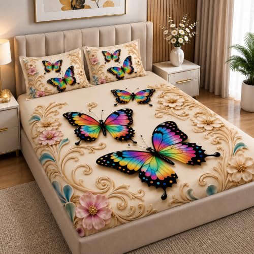 Image of DECORUM Premium Digital Butterfly Printed BEDSHEET (90 X 100) Inch with 2 King Size Pillow Covers - HIGH-Definition Design & Superior Comfort (Heavy Quality) BEDSHEET Rainbow Butterfly Elegance