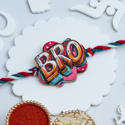 Image of eCraftIndia Bro Design Rakhi for Brother Bhaiya Bhai with Best Bro Ever Fridge Magnet | Roli Chawal Pack