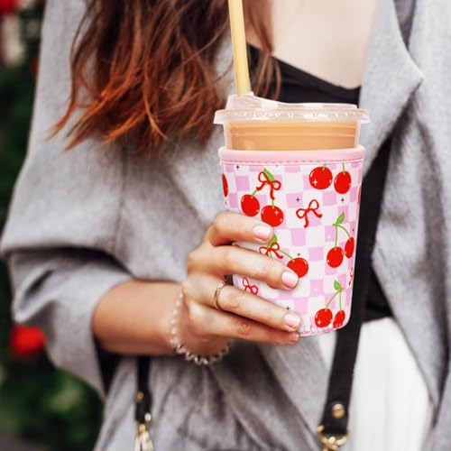 Image of Reusable Insulated Neoprene Iced Coffee Cup Sleeve, Durable Drink Sleeve for Cold Beverages, Beverage Holder for Iced Coffee (Cherry Gleam)