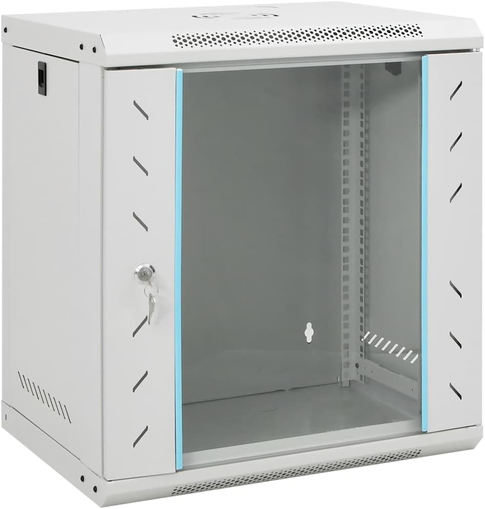vidaXL 12U Wall Mounted Network Cabinet - 19" IP20, Gray, 20.9"x15.7"x23.6", Cold-Rolled Steel, Lockable, Removable Side Panels