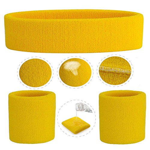 Image of ONUPGO Yellow Sweatband Set Sports Headband Wrist Striped Sweatbands Terry Cloth Wristband Athletic Exercise Basketball Wrist Sweatband and Headbands Moisture Wicking Sweat Absorbing Head Band