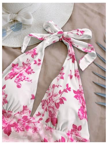 Image of SOLY HUX Women's Y2K Summer Beach Halter Mini Dress | Retro Floral Dress, V Neck, Backless, Club Nightout, Sexy Going Out Clothes, Birthday Dress