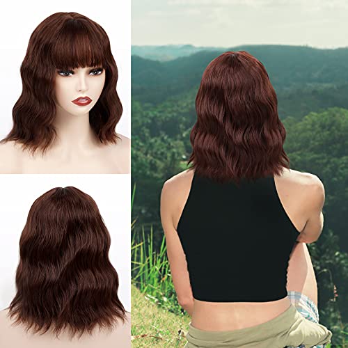 Brown Short Wig with Bangs Brown Wave Bob Wigs for Women Shoulder Length Synthetic Curly Wig Natural Looking Heat Resistant Wigs for Daily Use Cosplay 12 Inch