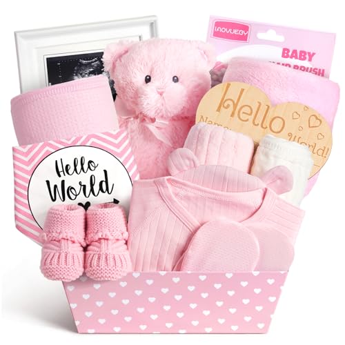 Image of iAOVUEBY Baby Shower Gifts Basket, Baby Girl Gifts & Newborn Essentials Infant First Mileston Keepsakes Blanket Cloths Toy, All-in-One New Baby Girl Gift Set Basket