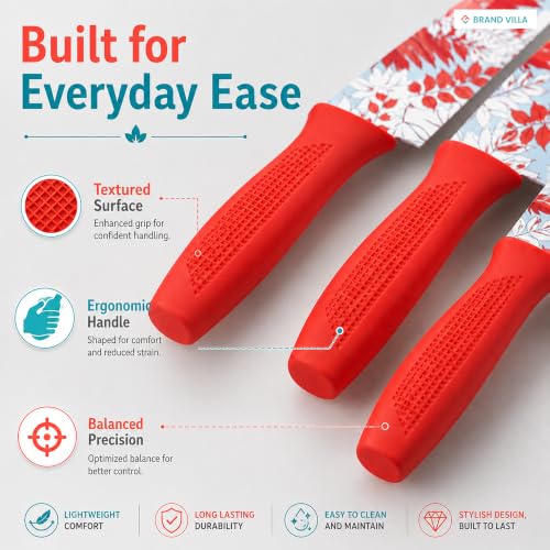 Image of BRAND VILLA Kitchen Knife Set of 3, Ultra Sharp Stainless Steel Chef Knife, Utility Knife & Paring Knife, Non-Stick Coated Blades, Ergonomic Anti-Slip Handle for Fruits, Vegetables & Meat (Red)