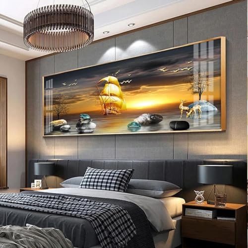 Toile de grande taille paysage moderne 40x85cm avec cadre doré pour decoration salon