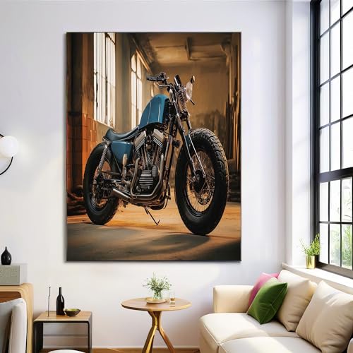 Tableau mural vintage en toile de moto bleu mat décoration 70x100 cm