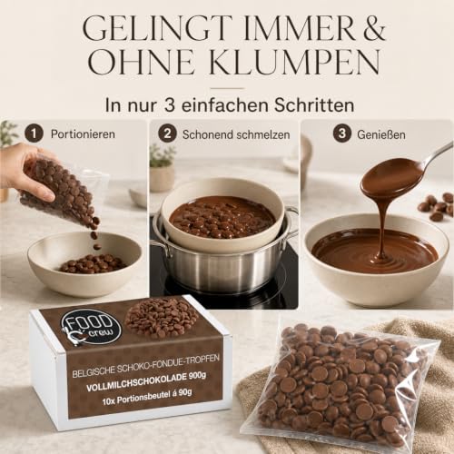 Foto von FOOD crew 900 g Vollmilch Schokolade für Fondue & Schokobrunnen - Belgische Kuvertüre Drops zum Schmelzen für Schokoladenbrunnen, Backen & Silvester - 10 Portionsbeutel à 90 g