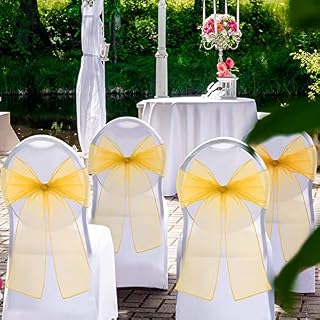 25 Pieces Organza Chair Sashes Wedding Chair Bows Organza Chair Bows Fuller Wider Sash Organza Chair Cover Bows for Wedding Party Birthday Decoration, 7.1 x 108.27 Inch (Gold)