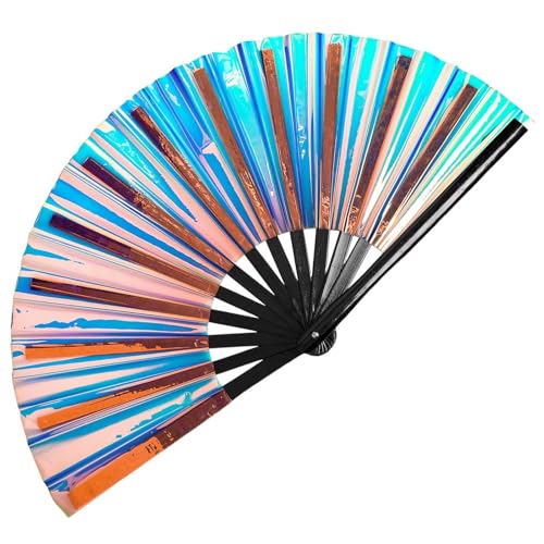 Large Clack Hand Rave Fan Holographic Folding Popping Line Dance Fan Foldable Handheld Clacking Fans for Line Dancing Craft Laser Rave Accessories for Festival Rainbow Outfits Party Club(Light Blue)