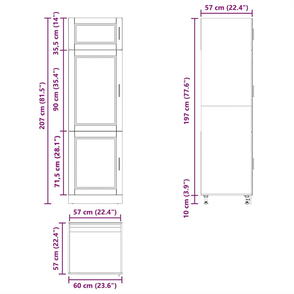 Porto - Mobile da cucina in legno di rovere Sonoma, con piedini regolabili, 60 x 57 x 207 cm, spazio per mobili da cucina, mobiletto e credenza da cucina, pratico mobiletto da cucina