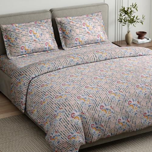 Image of Haus & Kinder King Size Bedsheet for Double Bed with 2 Pillow Covers 108 x 108 Inches | 186 TC Cotton Bedsheet for King Size Bed - Whispering Song Bird