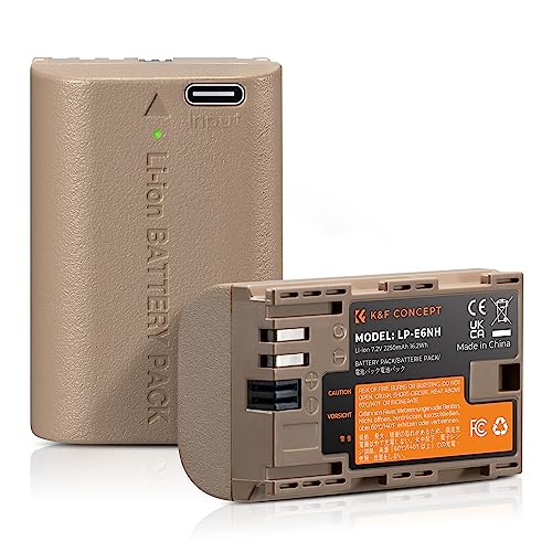 K&F CONCEPT LP-E6NH 2250mAh 2 Pack Batería de Cámara con Conector de Carga Directa Type C Compatible con Canon EOS 90D/80D/70D/5D Mark II III IV/5DS SR/6D/6D Mark II/R5 R6 R6 II R7